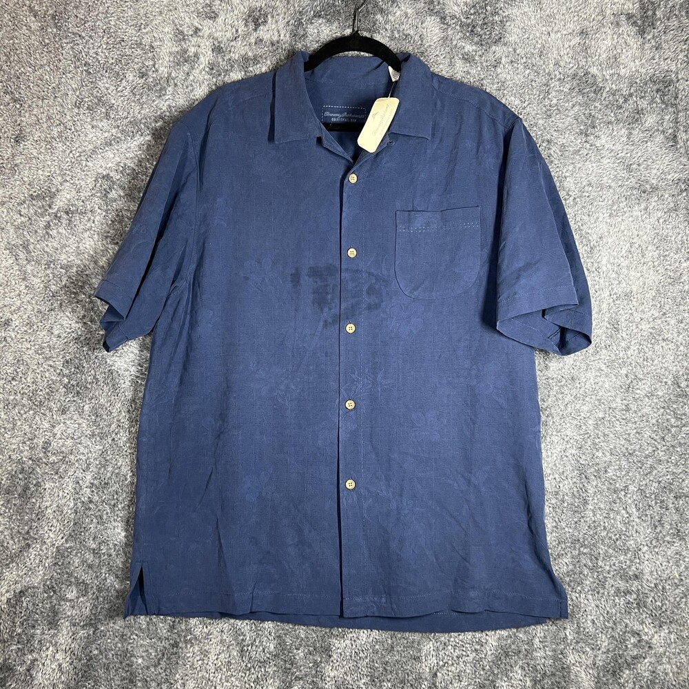 Tommy Bahama Shirt Mens Medium Blue Silk Rayon Short Sleeve Embroidered Back